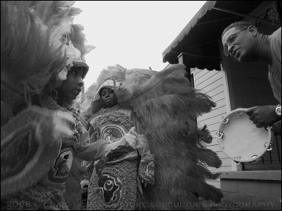 February 2007 - New Orleans, LA.  The Guardians of the Flame are several children of Mardi Gras Indians and the Congo Nation.  They seek to keep alive the custom of paying homage to the Native Americans who gave refuge to their enslaved ancestors and treated them as equals.